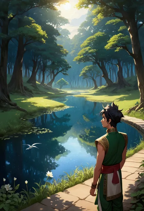 7. Visual Prompt: Chunnu points energetically towards the shimmering pond in the distance. Tara looks thoughtfully in that direction, considering his challenge as the camera captures the vast forest between them and the finish line.