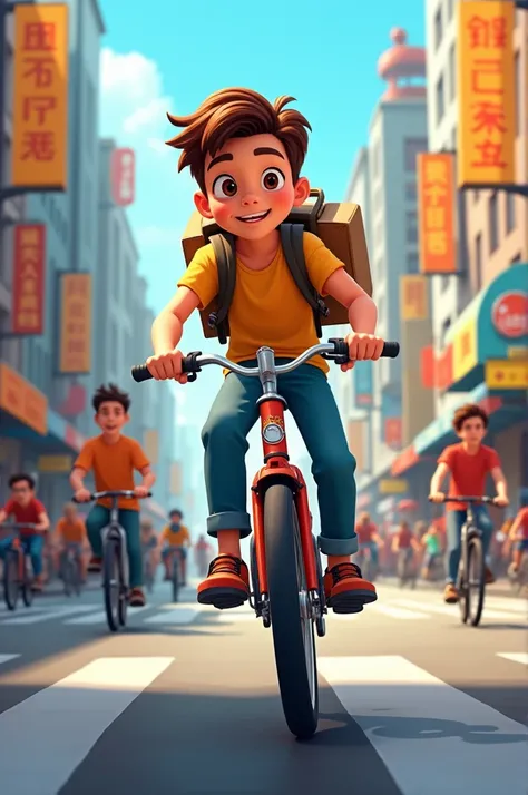 A cartoon boy, around 16-, with short brown hair, wearing a casual t-shirt and jeans, rides his bicycle through a busy city street, carrying a delivery bag over his shoulder.