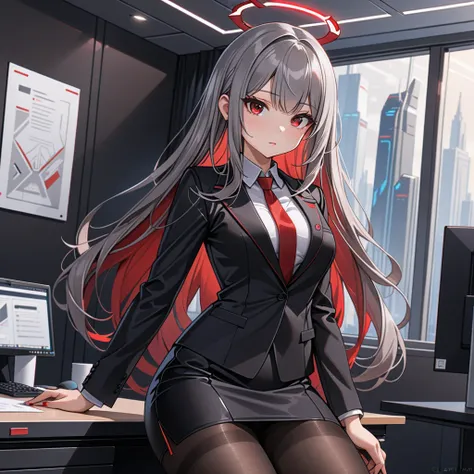 masterpiece, highest quality, highest resolution, clear_image, detailed details, gray hair, long hair, 1 girl, red eyes, red futuristic halo, black office jacket, black silk mini pencil skirt, black pantyhose, no water marks,