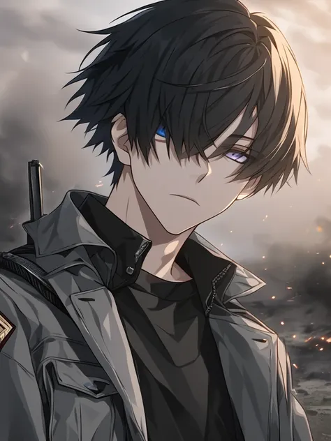 One Man, Young man,Adult male,男らShii,Fair skin,Black Hair,Rin々Shii,Handsome, windy feeling {x} cool,gray outerwear , jacket,Beautiful black shirt ,Short Hair,bangs,cool,Expressionless,special eye ,battlefield,Firearms,pistol,pistolを構えている,pistolの引き金を引いている.B...