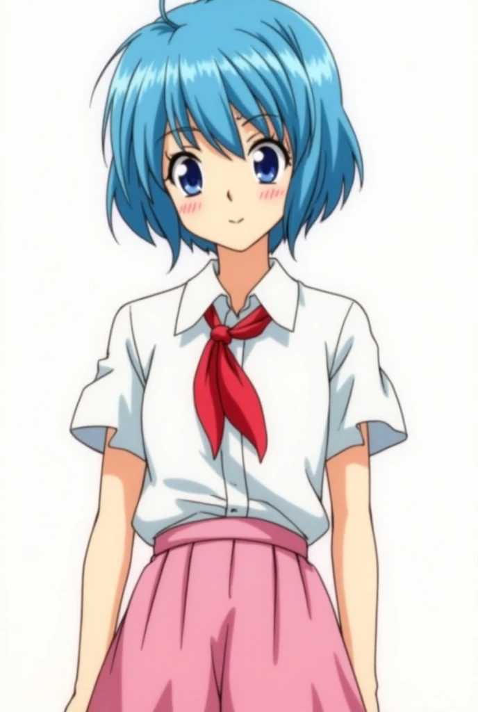 Original style, Bulma, short hair, blue eyes, blue hair, White short-sleeved shirt, pink skirt, red kerchief around the neck, 