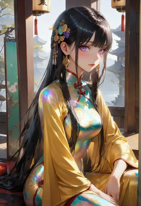 Long smooth straight black hair, inner dark iridescent hair, iridescent eyes,hourglass body figure,sitting in cheongsam.masterpiece, super detail,detailed eyes, best quality, 8k,realistic