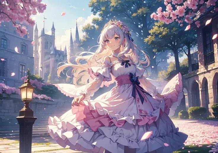 A young aristocrat dances gracefully in a fluffy dress amid falling flower petals. Her outfit is vibrant in color, and petals float around her in the wind. A beautiful castle stands in the background, and the evening light gently surrounds her. She has a b...