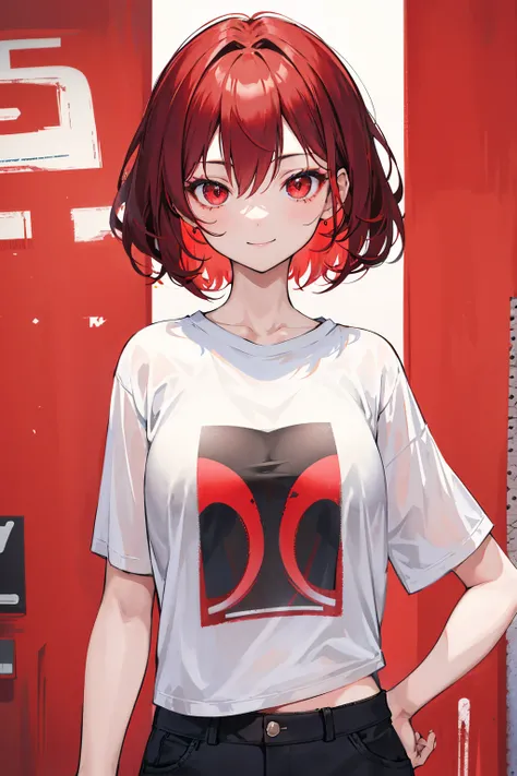 158cm,18 years old, Slightly reddish short hair,Red eyes, slim,Cute Girls,whole body,room,T-Shirts, ATTENTION TO DETAILS ,Super detailed, super high definition,  textured skin ,smile, put your hands on your hips 