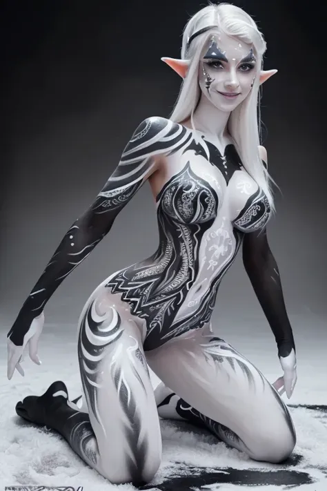 (sfw:1.3), high quality, elf, (full body white body paint:1.5), (black gradient paint towards the tip of the arms and legs:1.3),...