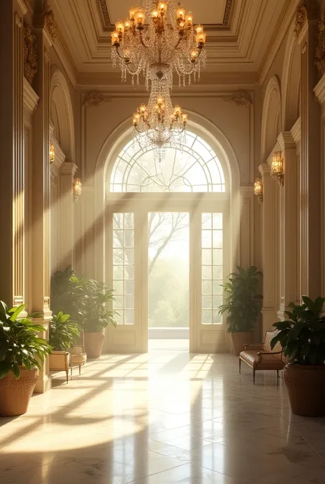 Inside of a vintage mansion with a chandelier that has a light aesthetic with a tiny bit of greenary. Make it very light in colour. The inside must look majestic. Make it realistic