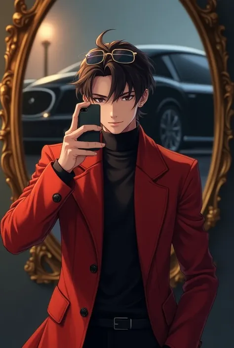 A anime handsome boy taking a selfie in front of a mirror with an iPhone in his hand an sunglass on face in red cort and black hearse 