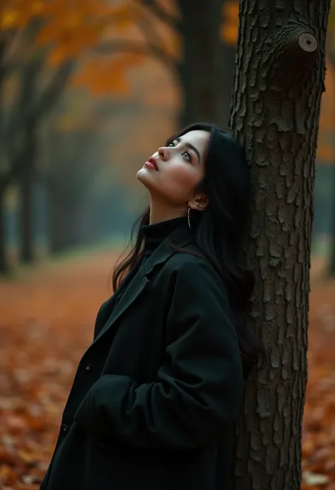 Autumn sad song MV promotional poster cover，Fallen Leaves，A person leans against a tree and looks up at the camera，Desolate atmosphere，Autumn filter，Ultra HD，Elegant