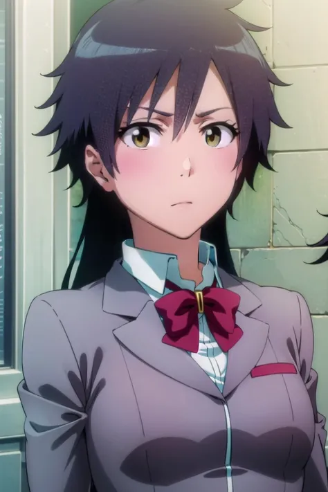 tatsuki, tatsuki, short hair, black hair, very long hair, (brown eyes:1.5), BREAK skirt, bow, school uniform, jacket, blazer, red bow, long sleeves, grey blazer, grey skirt, BREAK looking at viewer, upper body, full body, cowboy shot, BREAK indoors, BREAK ...