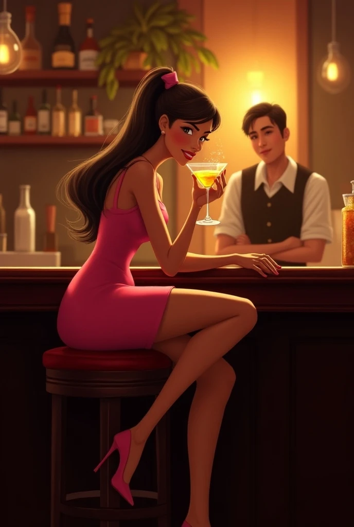 A warm, golden-lit bar scene at dusk. A young woman with a bright smile and mischievous eyes perches on a stool at the counter, her slender fingers wrapped around a cocktail glass as she leans in to chat with the bartender. The rich wood tones of the bar c...