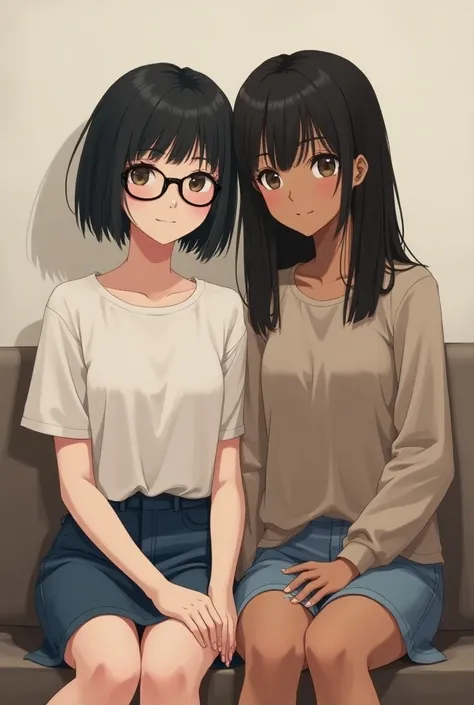  Two girls seated one with short black hair, with a white complexion and measuring 1 , 55 with small rectangular-shaped lenses and another girl with a dark complexion with straight hair slightly above the shoulders in black and measuring approximately 1,60...