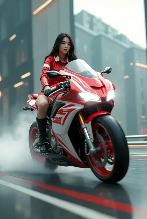 Chinese female white supermodel wearing Japanese school uniform , riding a large red and white motorcycle in a high quality sci-fi action scene, Speed Line, motion blur, Perfect 4K fingertip sharpness