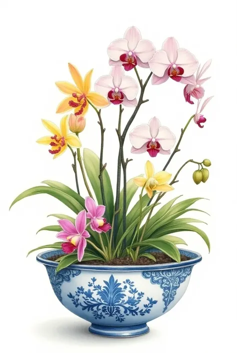 An oblong bowl with blue and white chinese design with small orchid plants with varius spesis of flowers in watercolour. Realism watercolour
