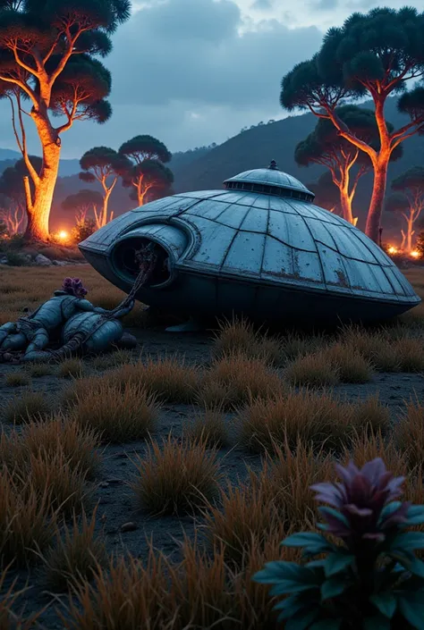 A massive, weathered UFO ruin lying in a vast, alien grassland. The scene is overgrown with exotic, otherworldly plants that glow faintly in strange hues. The spacecrafts metallic surface is cracked and rusted, with broken panels and exposed wires, blendin...