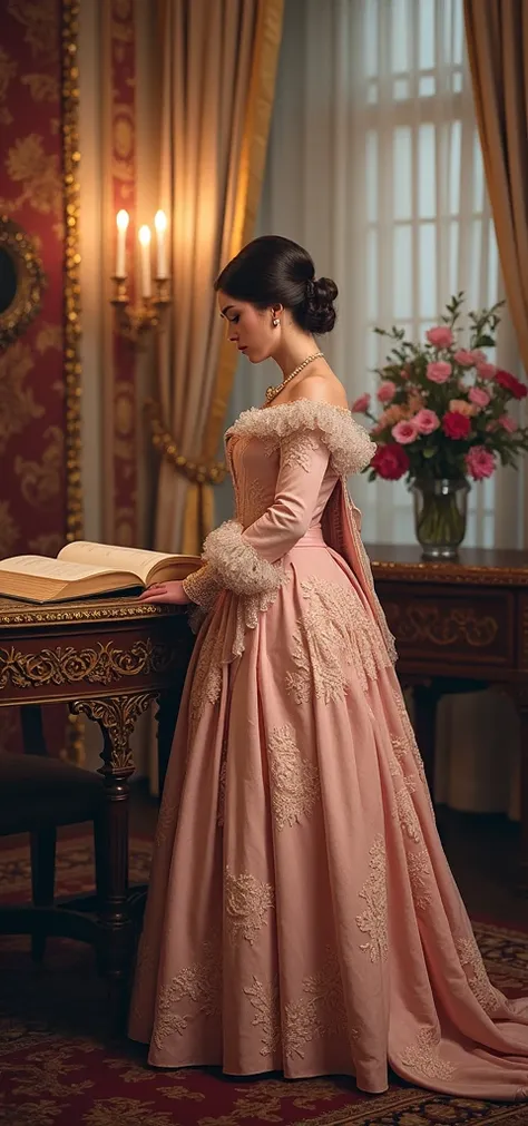 An aristocratic English countess 50 years old in 19 th-century empire style dress, standing near a table, leaning and looking throuth a book on the table