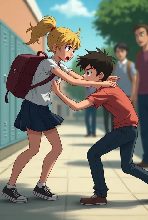 Animation of a female student hitting a male student with a backpack