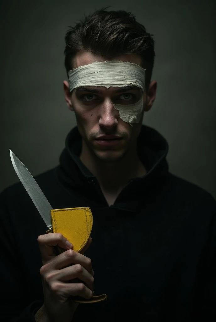 I want you to draw me a man with a yellow award and with a bandage on his face with a knife with pupils in his eyes and that the character is scary 