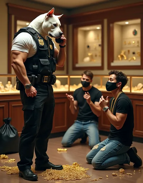  Man with white pitbull dog head ,erect ears,muscular body, wearing a white t-shirt ,wearing a police vest, wearing black trousers ,black shoes, wearing cop id card hanger,standing facing the front , hand holding the phone as if it were making a phone call...