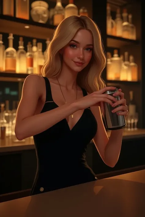  young woman standing behind a bar, a cocktail shaker in hand , Blonde long , straight hair, smile, Schmollmund