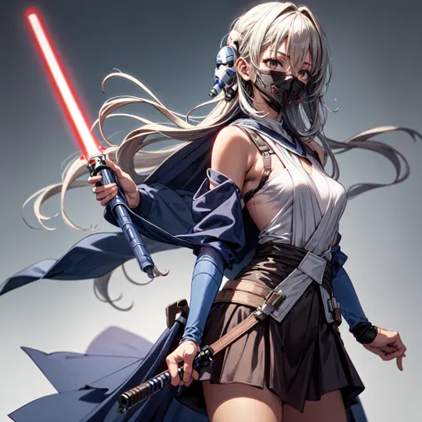 1 girl, jedi master holding a lightsaber, long skirt,dark brown skin,small breasts,solo, star wars,accurate,  anatomically corre...