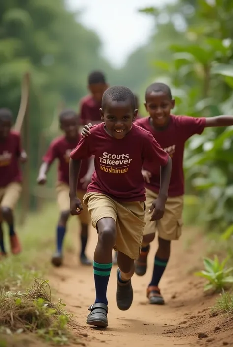 group of  African scouts boys navigating a team-building obstacle course. Wearing  khaki shorts and maroon tshirts written scouts takeover mashinani ,and navy blue socks with two green strips 