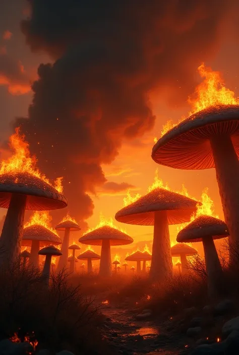 A village of giant mushrooms is engulfed in flames, with thick, dark smoke billowing into the air. The caps of the mushrooms, which tower like umbrellas, are burning, their vibrant colors turning into ashen black. The fire spreads quickly, casting a fierce...