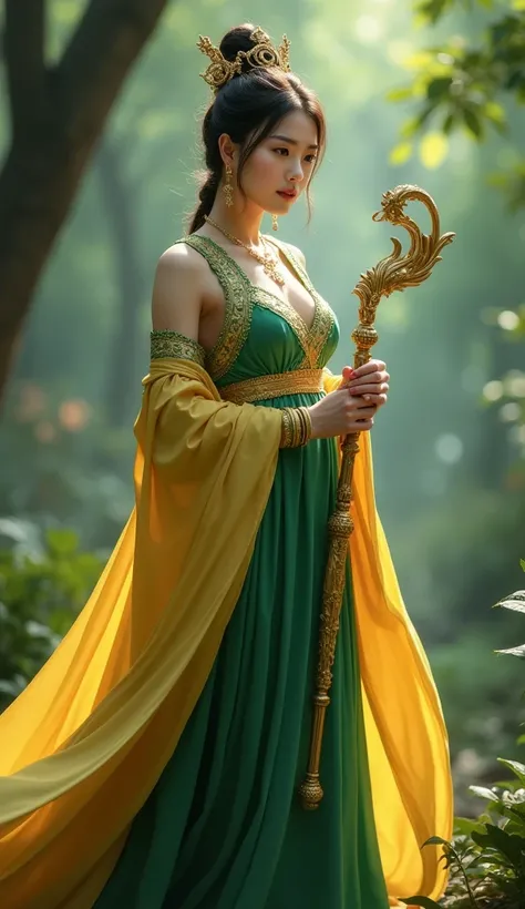 Create an image of a young woman dressed in A traditional Chinese costume in a detailed cosplay outfit featuring a green dress with gold trimmings, yellow cape over one shoulder, gold jewelry including bracelets and necklace, and holding an ornate staff. S...