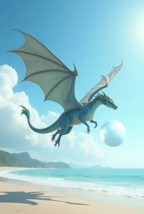 Image of the a dragon and that side that half size ice white ball in side ocean beach 