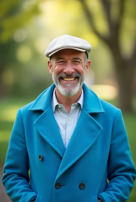 A happy man in a blue coat and white caps