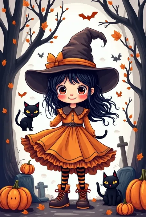 Create a coloring book for a girl in the style of Halloween, which consists of 15 pictures for coloring