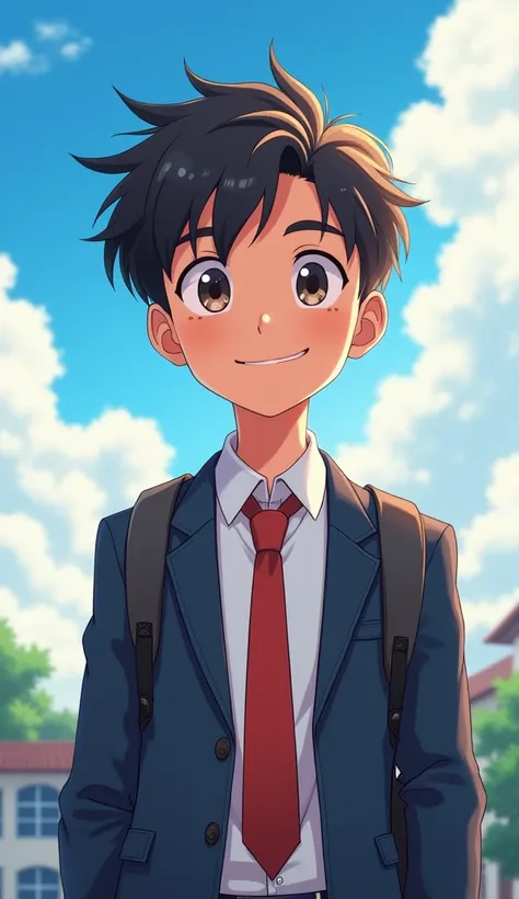 A boy named aayush student of 10th class anime style face cloud background school uniform 