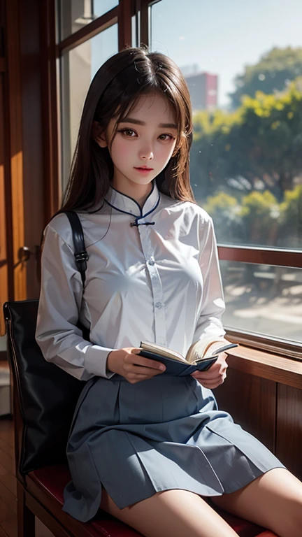 Chinese young women reading a book in front class room, white shirt, student short grey blue skirt, pay special attention to viewer