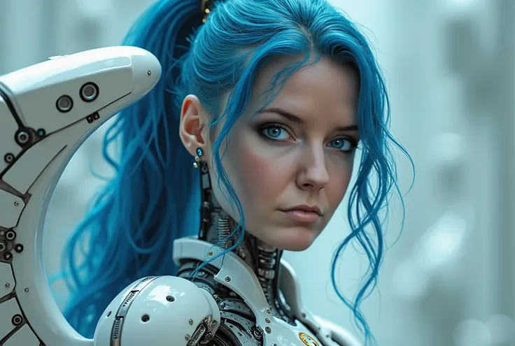 ((Portrait Face))),((Poitrait)),((Perfect face)),((stunning face)),(((very big tits))),(((very detailed))),(((perfect hands))),(((perfelte FInger))), a very hot female cybernetic Robert Engel with circuits and terminals all over her upper body and legs. Up...