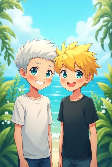 2 people,man,White hair,Blue eyes,Sweet face,smile, wear a cute thin white shirt,man,Yellow hair,Blue eyes,smile, wear a thin black shirt ,Beautiful plants behind the sea ,วอลเปเปอร์Anime,Beautiful picture,Full body,Anime,Cartoon figure,Drawing,Light impac...