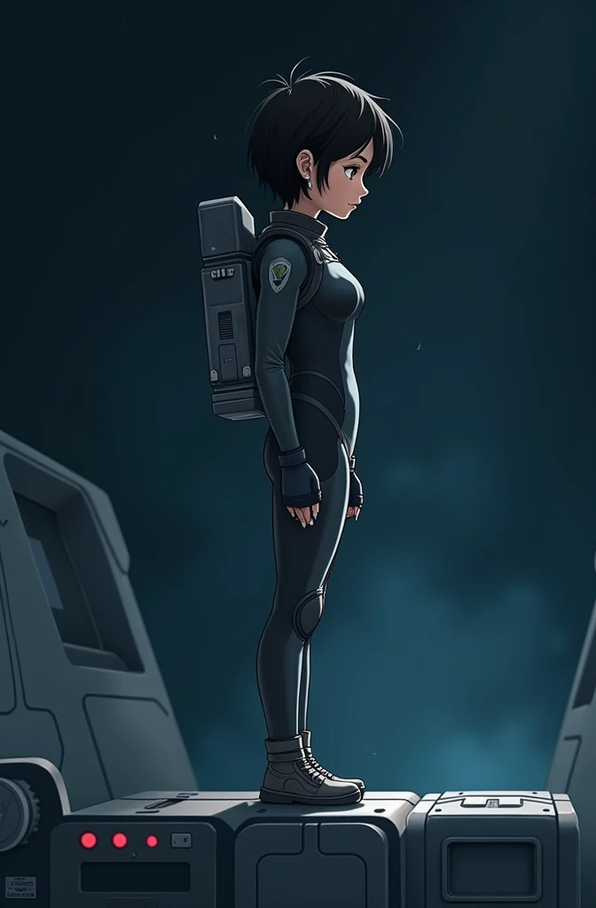 1 feame , standing, tight space 
suit, 1:3, earrings, slim body, side view, facing slightly forwards, very small breasts