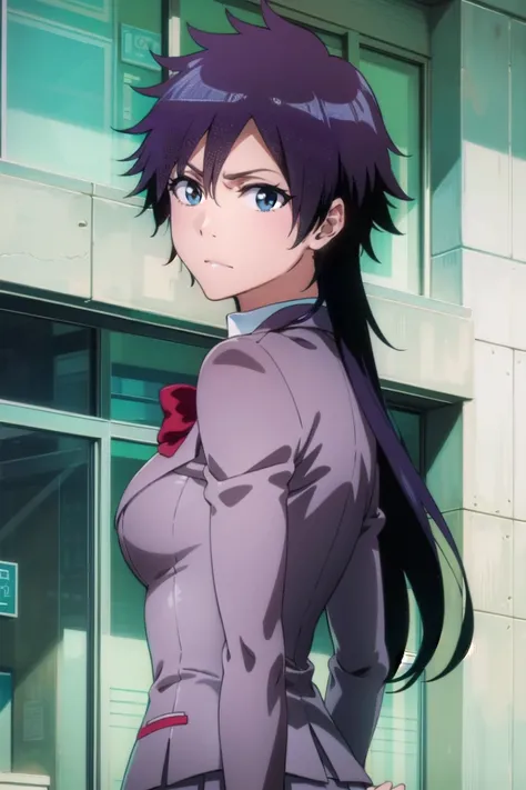 tatsuki, tatsuki, short hair, black hair, very long hair, (brown eyes:1.5), BREAK skirt, bow, school uniform, jacket, blazer, red bow, long sleeves, grey blazer, grey skirt, BREAK looking at viewer, upper body, full body, cowboy shot, BREAK indoors, BREAK ...