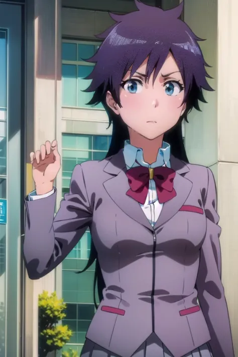 tatsuki, tatsuki, short hair, black hair, very long hair, (brown eyes:1.5), BREAK skirt, bow, school uniform, jacket, blazer, red bow, long sleeves, grey blazer, grey skirt, BREAK looking at viewer, upper body, full body, cowboy shot, BREAK indoors, BREAK ...