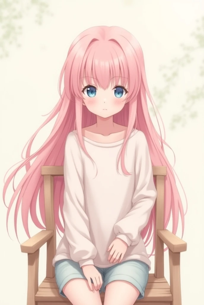 Anime girl, pink hair, long hair, girl sit in plain chair, blue eyes, short pants