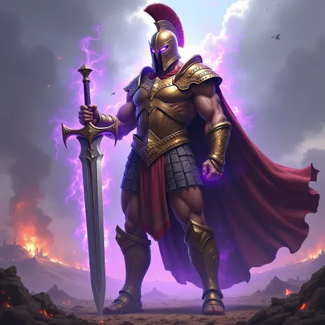 Achilles(male), Greek Mythology knight with armor, helm and big sword in a battlefield glowing eyes(purple) and purple aura, Solo, 