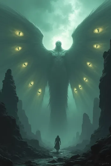 A dark, Lovecraftian scene featuring a giant biblical angel, a Seraphim, with multiple eyes and six wings. The angel appears otherworldly, with each wing covered in eyes, radiating an eerie glow. The setting is a desolate, ancient landscape shrouded in mis...