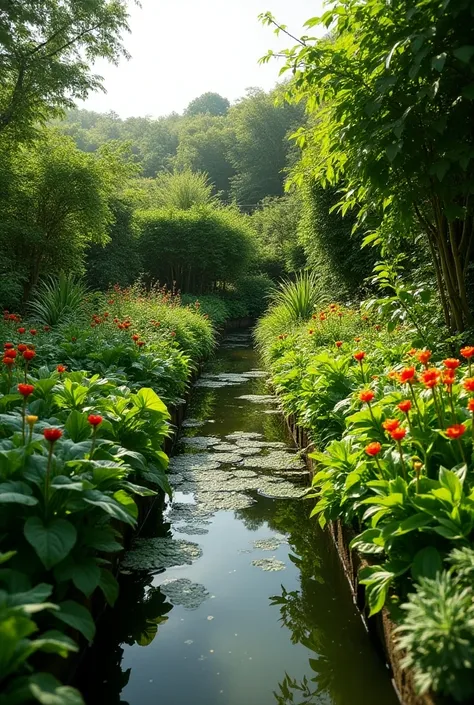 Photo illustrant un jardin pour une surface de 200m² faisant du Maraîchage et du composte ainsi la Pisciculture sur par bassin.