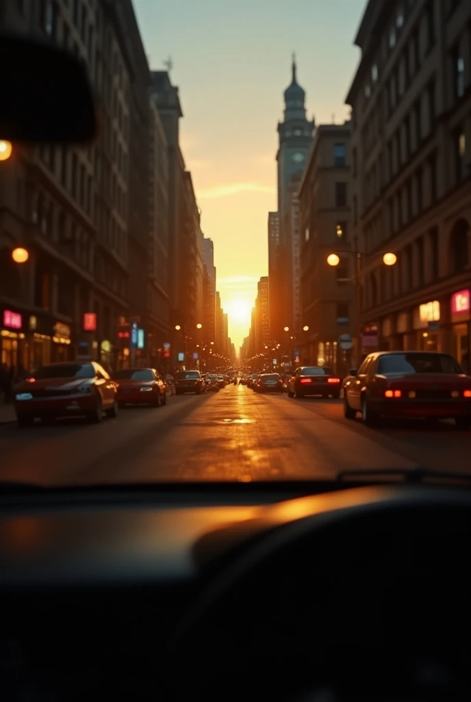 A captivating golden hour photograph taken from the side view mirror of a car, as it slowly drives through a nostalgic city. The city is bathed in a warm, golden light, with dimly lit buildings and streetlights. The reflection of the cityscape in the mirro...