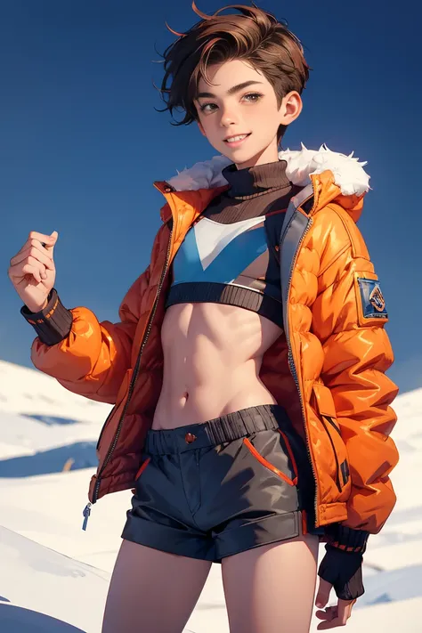 Teen boy , boy wears a crop top and too very short shorts and a winter jacket, female body but with penis, no chest, flat chest, brown hair, smile, cute, no cest, beautiful long legs, highest quality, a winter background,