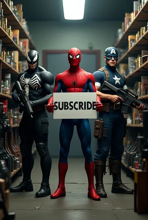 Spiderman,venom and captain america stand inside gun store shop and spiderman in the middle holding "subscribe" sign and venom and captain america holds m4al gun 