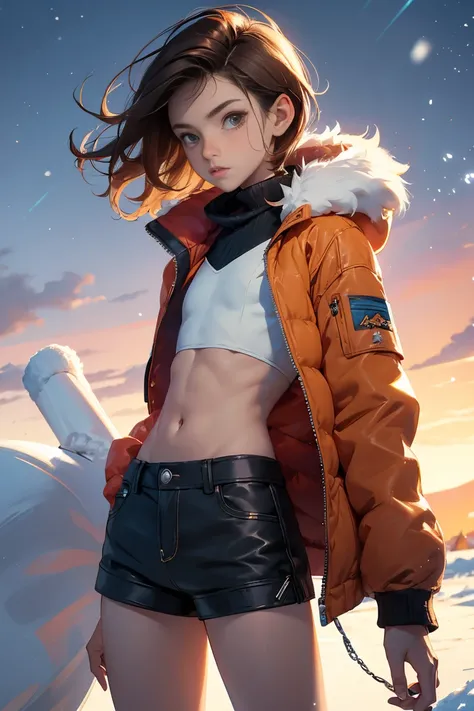 Teen boy , boy wears a crop top and too very short shorts and a winter jacket, female body but with penis, no chest, flat chest, brown hair, cute, no cest, beautiful long legs, highest quality, a winter background,