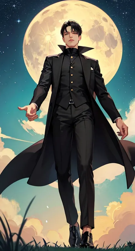  Depicting an authentic detective ，Standing in a meadow at night ， A tranquil and comfortable background ， Im wearing a black gothic ta ， The black jacket fits perfectly, The black bottoms are long pants and slender ，Handsome face，  seize the eyes ，  The m...