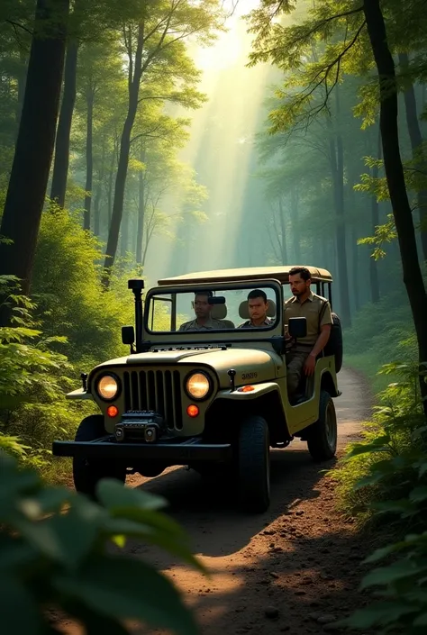 One  forest guard talking to one  man in a moving jeep in a deep forest 