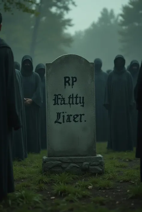 Graveyard with standing name plate naming RIP fatty liver  and crowd surrounding it , make it front facing 