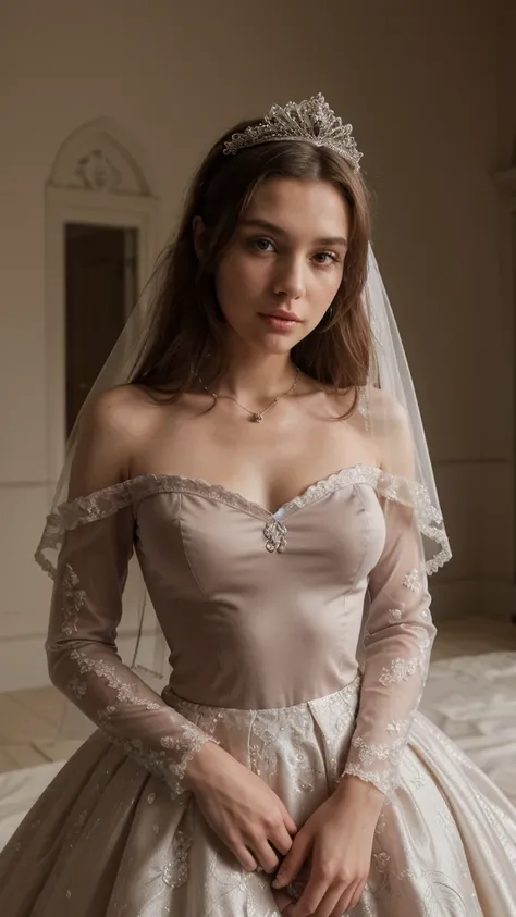 Ines milan modeling at a palace setting, adorned in a stately satin, lace and tulle ballgown wedding dress, bow in back, bows on skirt, long sleeves, modest, Crowning her head is a tiara and a veil while diamond earrings and necklace sparkle in contrast wi...