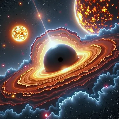  An impressive scene showing a black hole and the Sun side by side , highlighting their differences and similarities . Left,  the black hole appears as a dark disc with an intense glow around ,  coming from the luminous accretion disk in shades of red , or...